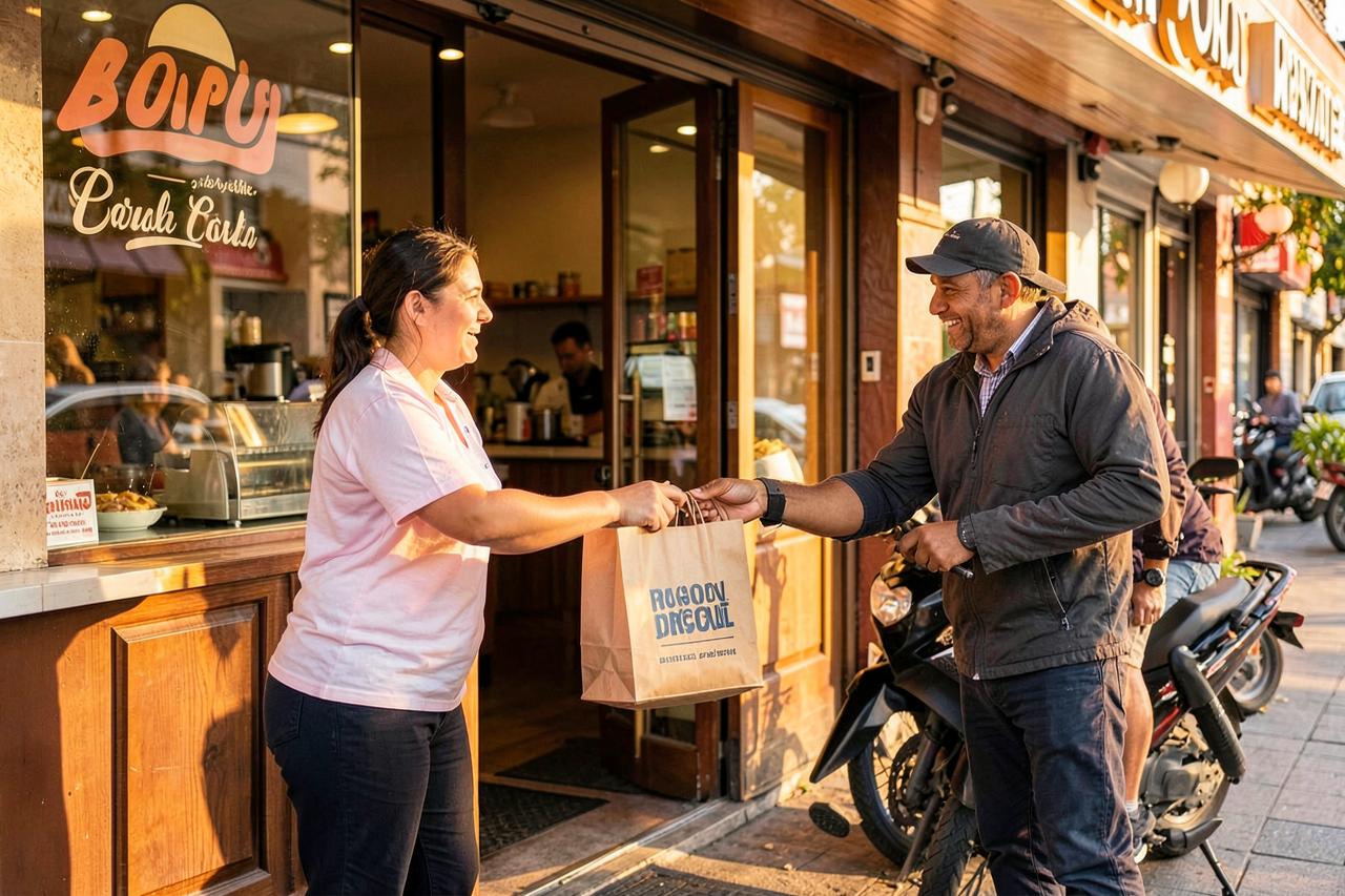 Atendente entregando pedido de delivery para o entregador na porta do estabelecimento