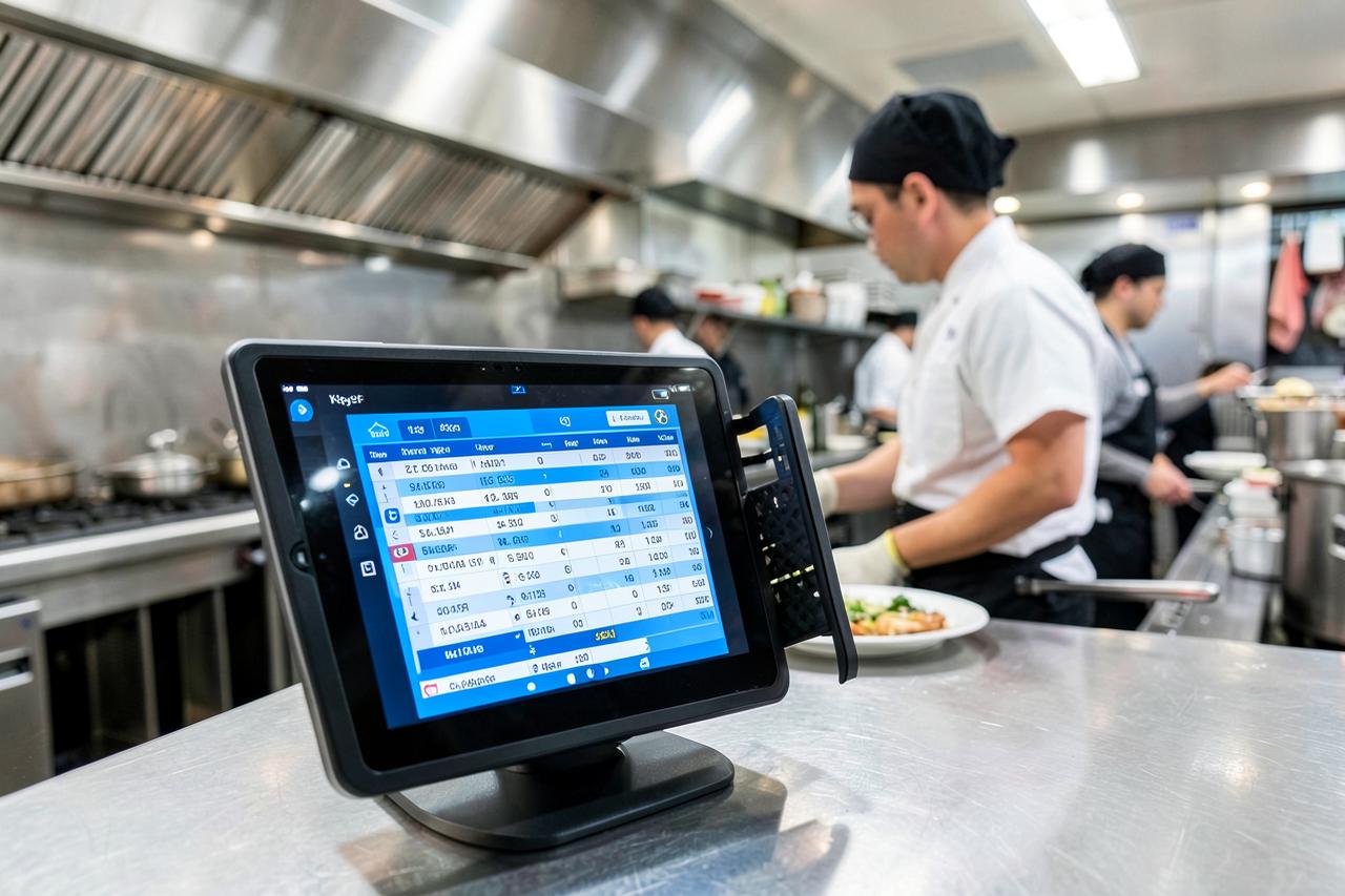 Tela de pedidos da cozinha (KDS) em um tablet dentro de uma cozinha profissional