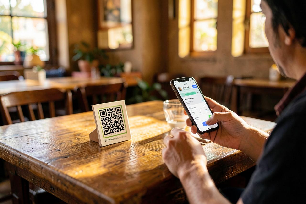 Cliente escaneando o QR code da mesa e pedindo pelo cardápio digital no celular